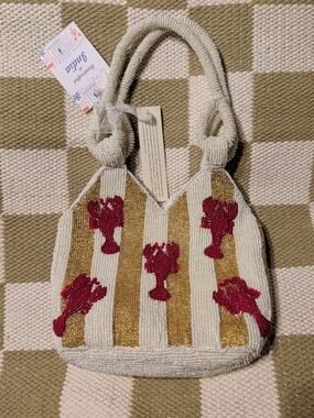 Beaded White & Gold Stripe Tote with Red Lobster Motif Handcrafted In India NWT
